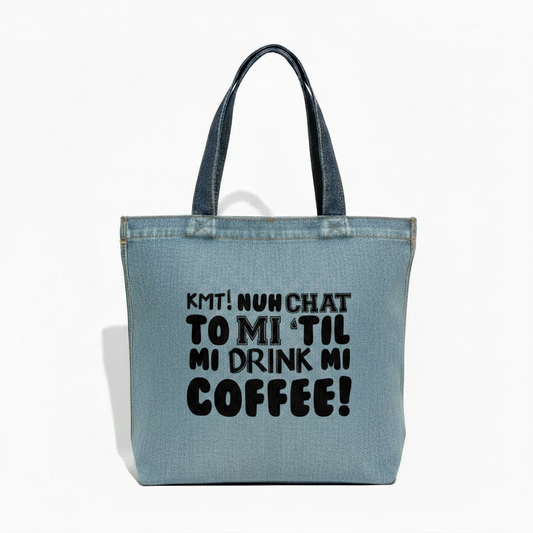 Blue Denim Tote Bag with white text on a white background