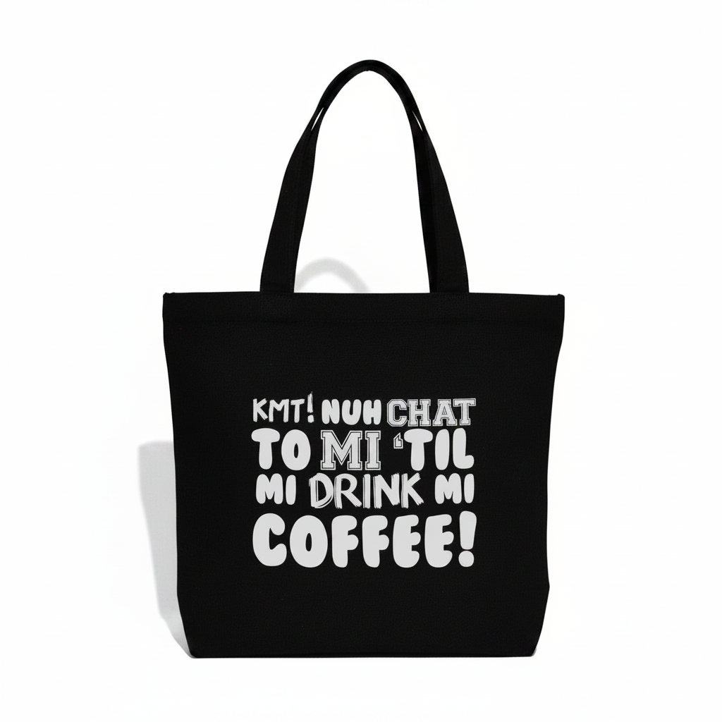 Black Canvas Tote Bag with white text on a white background