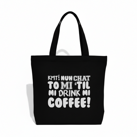 Black Canvas Tote Bag with white text on a white background