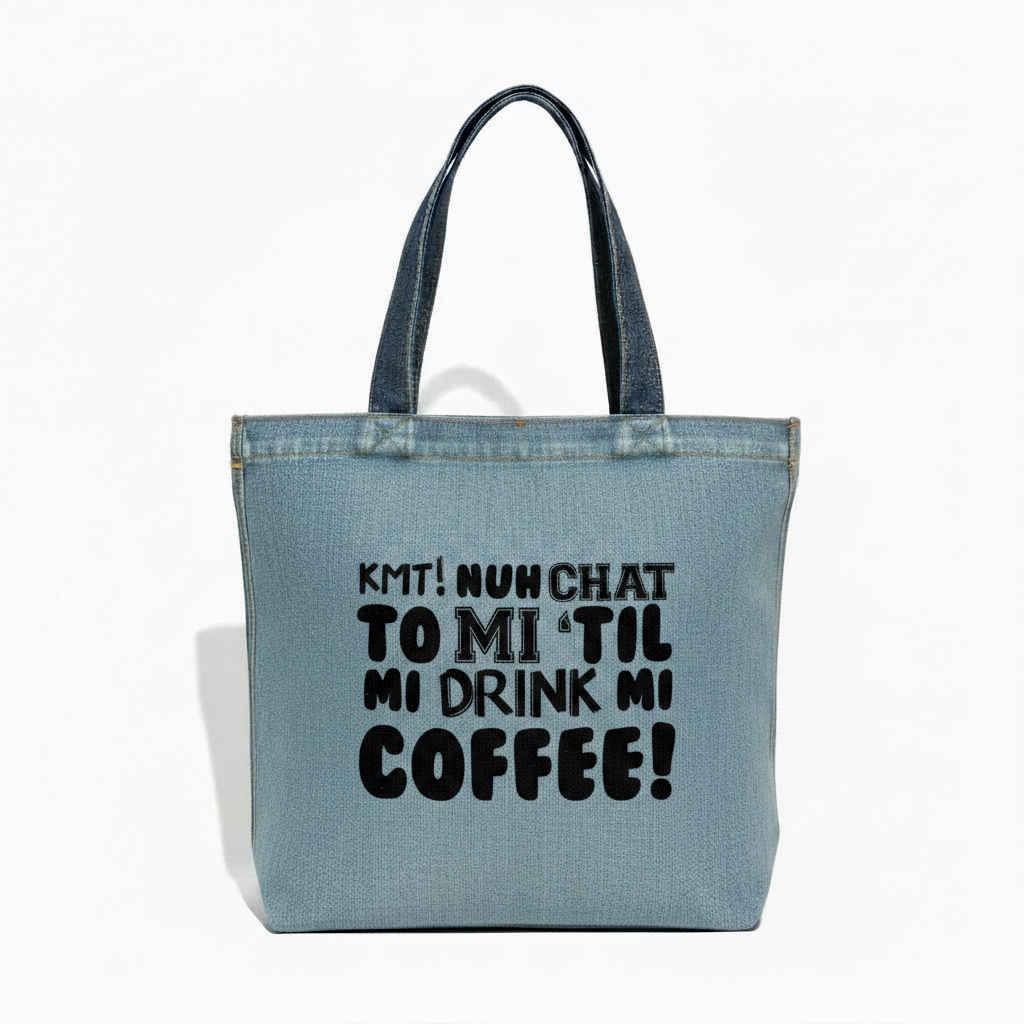 Blue Denim Tote Bag with white text on a white background