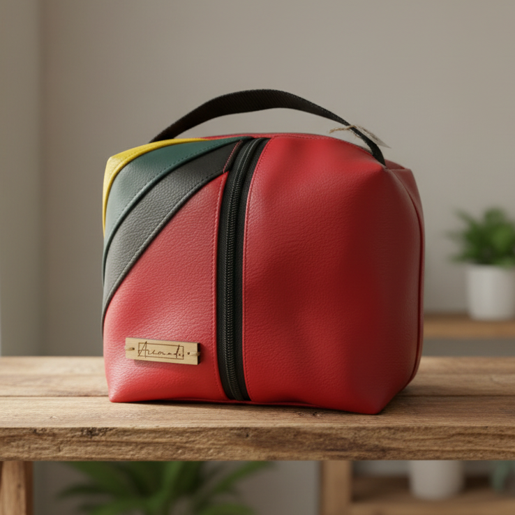 Red leather toiletry bag with multicolored accents on a wooden surface